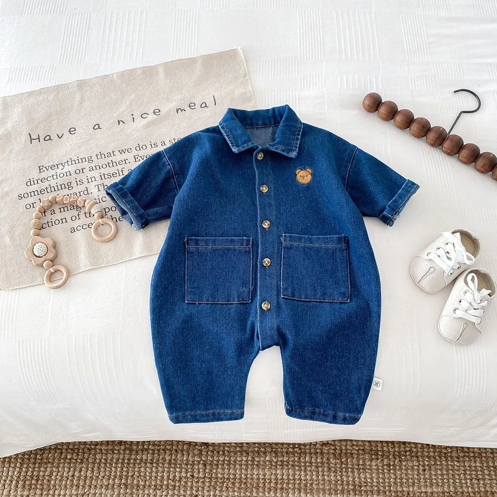 Baby Denim Bear Embroidered Jumpsuit