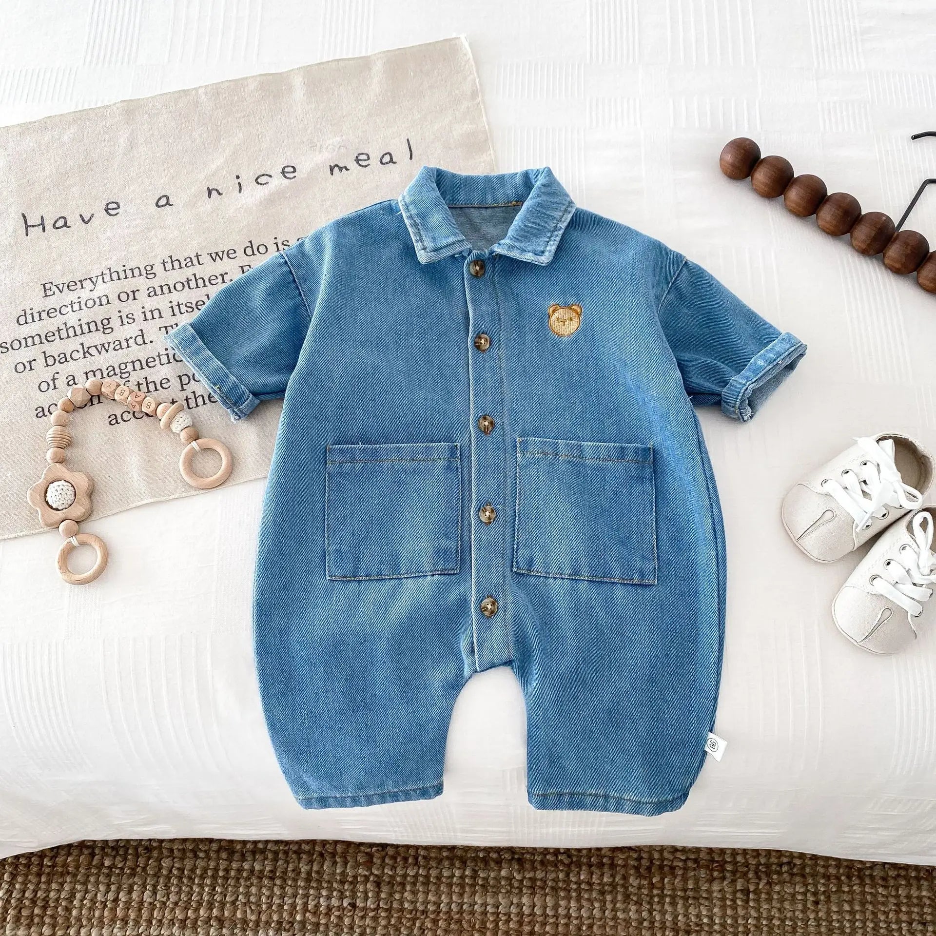 Baby Denim Bear Embroidered Jumpsuit