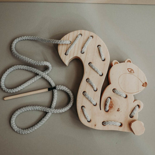 Squirrel lacing toy, Wooden sewing, Montessori